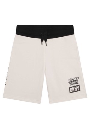 Beżowe szorty z czarnym elastycznym paskiem w talii i sznurkiem, z logo „Looney Tunes x DKNY” na prawej nogawce.