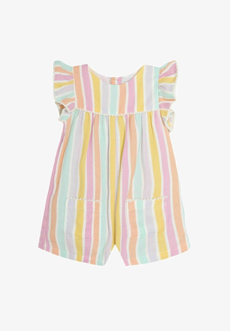 Prugasti kombinezon u pastelnim bojama (roza, žuta, zelena, plava) s volanima na rukavima, dva prednja džepa i čipkastim detaljem na izrezu.