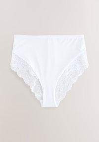 Culotte femme blanche taille haute avec détails en dentelle florale sur les côtés et tissu lisse devant et derrière.