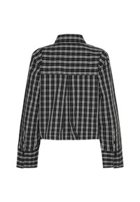 Melnbalts raibs krekliņš ar garām piedurknēm un apkakli, attēlots no aizmugures uz balta fona.