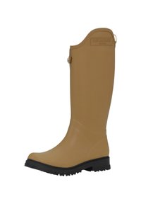 Brązowy wodoodporny gumowy but z okrągłym noskiem, teksturowanym wykończeniem oraz solidną czarną podeszwą z bieżnikiem. Logo marki po boku.