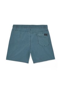 Shorts pour hommes de couleur bleu sarcelle avec taille élastique, une poche arrière unique avec rabat et étiquette de marque Volcom noire sur fond blanc.