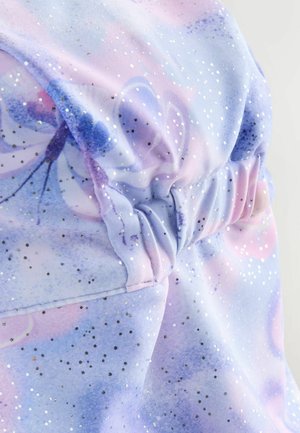 Multicolored, stretchy fabric featuring blue, purple, and pink hues with glitter accents and gathered detailing. Soft, smooth texture.