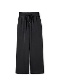 Zwarte, lichte, wijde broek met een elastische tailleband en strikkoord, met een gladde textuur en zonder zichtbare patronen of accenten.