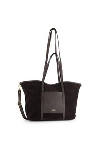 Dunkelbraune Wildleder-Shopper-Tasche mit glatten Lederakzenten, ausgestattet mit zwei langen Trägern und einem strukturierten Lederpaneel auf der Vorderseite mit einem goldenen Logo.