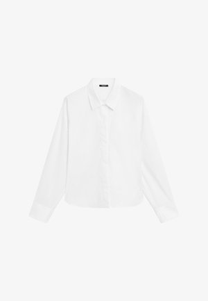 Camicia bianca a maniche lunghe con colletto a punta, chiusura frontale con bottoni e orlo dritto. Realizzata in tessuto morbido con un aspetto fresco e pulito.