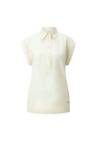 Polo shirt a maniche corte di colore crema con colletto, patta dei bottoni e orlo dritto. Realizzato in tessuto morbido e leggero.