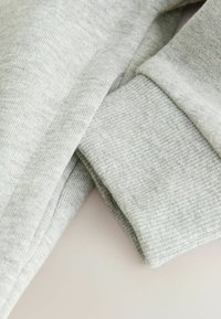 Tessuto grigio chiaro a maniche lunghe con polsini a costine; texture morbida con una leggera lucentezza, che mostra una finitura del materiale liscia e miscelata.