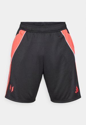 Black athletic shorts with red side panels, white accent piping, an elastic waistband, and a logo on the lower left leg.
