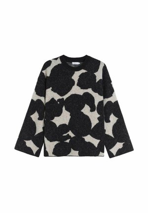 Sorte og hvide mønstrede sweater med en kasseformet pasform, lange ærmer og rund hals. Fremstillet af tekstureret stof med markante blomsterdesigns.