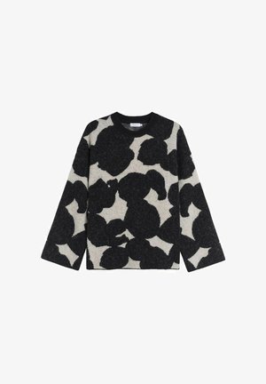 Sorte og hvide mønstrede sweater med en kasseformet pasform, lange ærmer og rund hals. Fremstillet af tekstureret stof med markante blomsterdesigns.