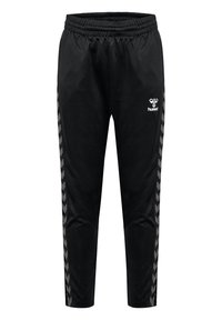 Zwarte sportbroek met een elastische tailleband, voorzien van een visgraatpatroon aan de zijkanten en een logo aan de voorkant. Lichtgewicht materiaal.