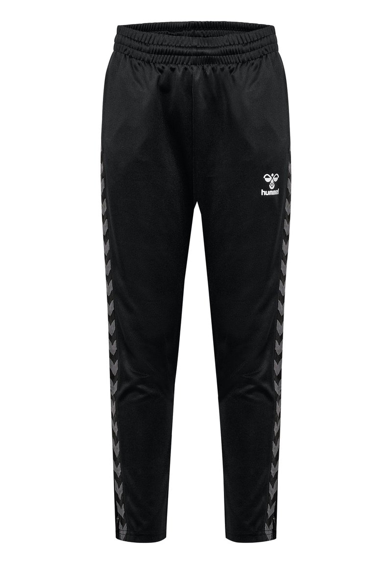 Zwarte sportbroek met een elastische tailleband, voorzien van een visgraatpatroon aan de zijkanten en een logo aan de voorkant. Lichtgewicht materiaal.