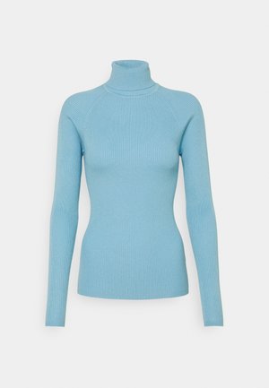 Pull à col roulé bleu à côtes avec des manches longues et une coupe ajustée. Il présente un col haut et une texture lisse.