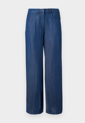 Pantalons en denim à jambe large en bleu foncé. Fabriqués en coton avec une texture lisse. Comprend deux poches avant et une fermeture à boutons à la taille.