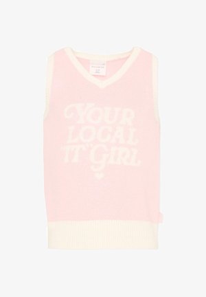 Chaleco de punto sin mangas rosa con ribete blanco y texto "YOUR LOCAL IT GIRL" en blanco en el frente.