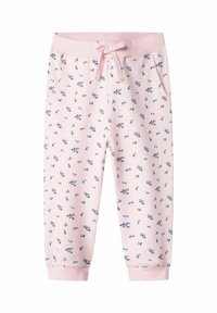 Roze katoenen joggingbroeken met een bloemenpatroon in blauw en groen, voorzien van een elastische tailleband met een trekkoord en zijzakken.