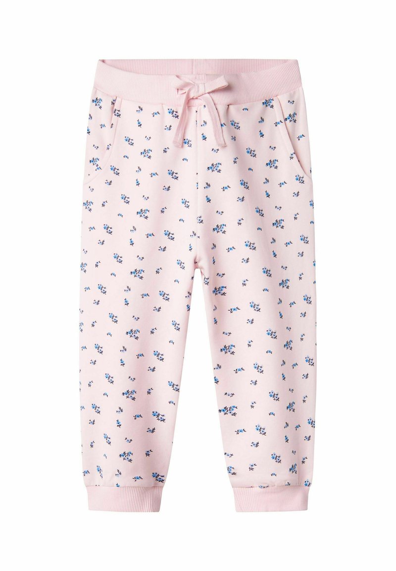 Roze katoenen joggingbroeken met een bloemenpatroon in blauw en groen, voorzien van een elastische tailleband met een trekkoord en zijzakken.