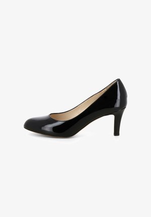 Scarpa nera in vernice con tacco alto a punta da 5 cm. Superficie liscia con una finitura lucida e una leggera fodera interna.