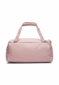 Pink duffel bag made of smooth, durable fabric. Features two top handles and a zippered closure, with textured accent near the base.