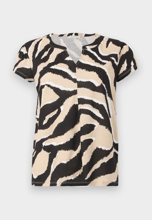 Koszulka krótki rękaw z dekoltem w serek, w czarno-beżowo-białe abstrakcyjne paski zebry na miękkim materiale. Luźny krój.