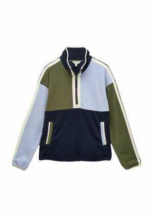 Fleece-Pullover mit hohem Kragen, ausgestattet mit blauen, grünen und marineblauen Farbbädern, einem Reißverschluss und seitlichen Taschen mit kontrastierendem Besatz.