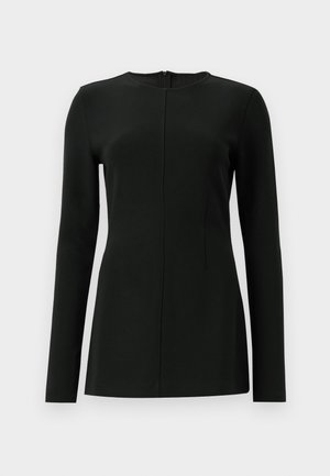 Fekete, hosszú ujjú felső, magas nyakkivágással, elülső varrás részlettel és hátsó cipzáras záródással. Simább, rugalmas anyagból készült.