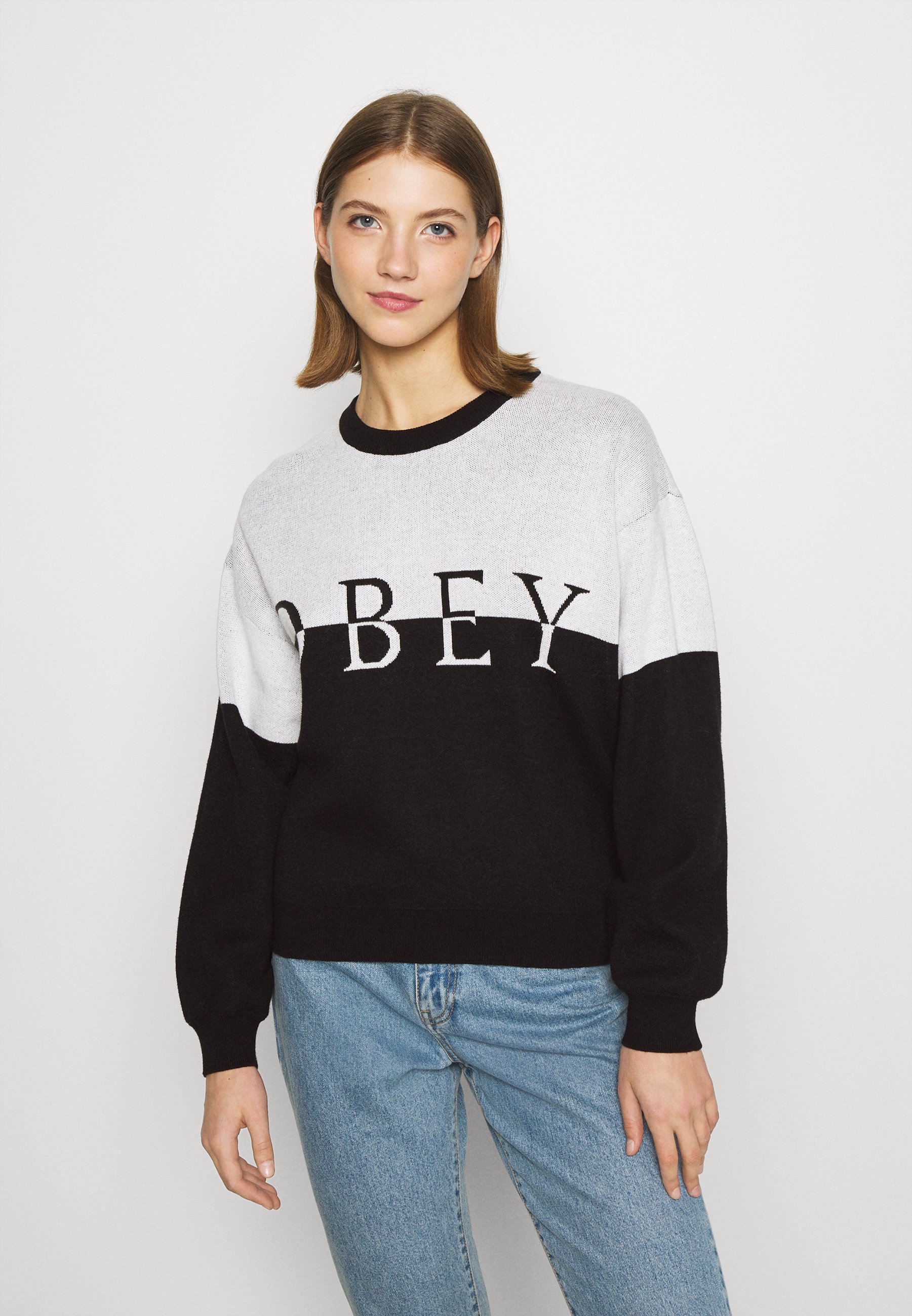 Obey Clothing LEFT BANK CREW Trui creamblackZwart Obey Clothing LEFT BANK CREW Trui creamblackZwart