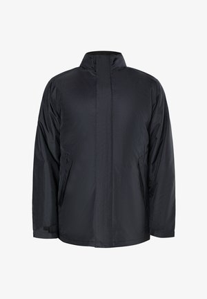 Schwarze wasserdichte Jacke mit hohem Kragen, langen Ärmeln und zwei Seitentaschen. Verfügt über eine glatte Textur und ein gerades Schnittdesign.