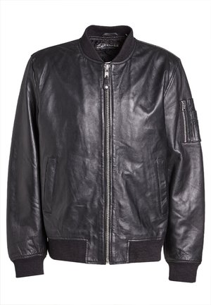 Veste bomber en cuir noir avec fermeture éclair à l'avant, col, poignets et ourlet côtelés, deux poches latérales et une poche zippée sur la manche gauche.