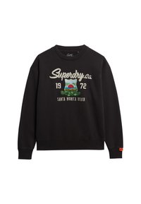 Czarny sweter z okrągłym dekoltem, z haftowanymi grafikami, w tym "Superdry.ca", "1972" oraz "Santa Monica Beach", oraz ściągaczami przy mankietach.