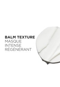 Glat hvid balsamtekstur spredt i en cirkulær form ved siden af tekst, der beskriver et intensivt regenererende maskeprodukt.