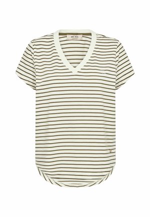 Tricou cu mânecă scurtă și decolteu în V, cu dungi orizontale verde măsliniu și alb, cu tiv rotunjit, așezat pe o suprafață albă.