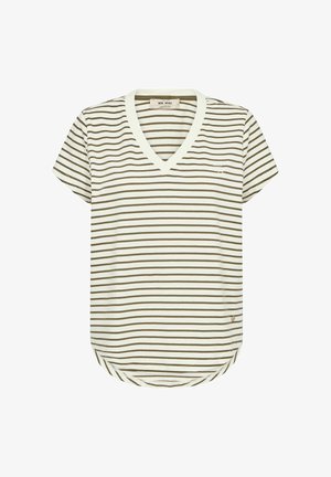 Lühikeste varrukatega V-kaelusega T-särk, millel on horisontaalsed oliivrohelised ja valged triibud ning ümar lõige, laotatud valgele taustale.