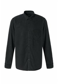 Camisa negra de manga larga hecha de algodón suave, con cuello de botón, bolsillo frontal y puños estándar. Textura suave con un detalle mínimo.