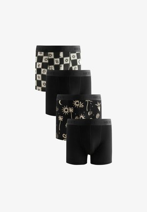 Patru perechi de boxeri pentru bărbați: negri cu un model de palmier și soare, negri cu imprimeuri mici și negri uni, dotate cu brâuri elastice.
