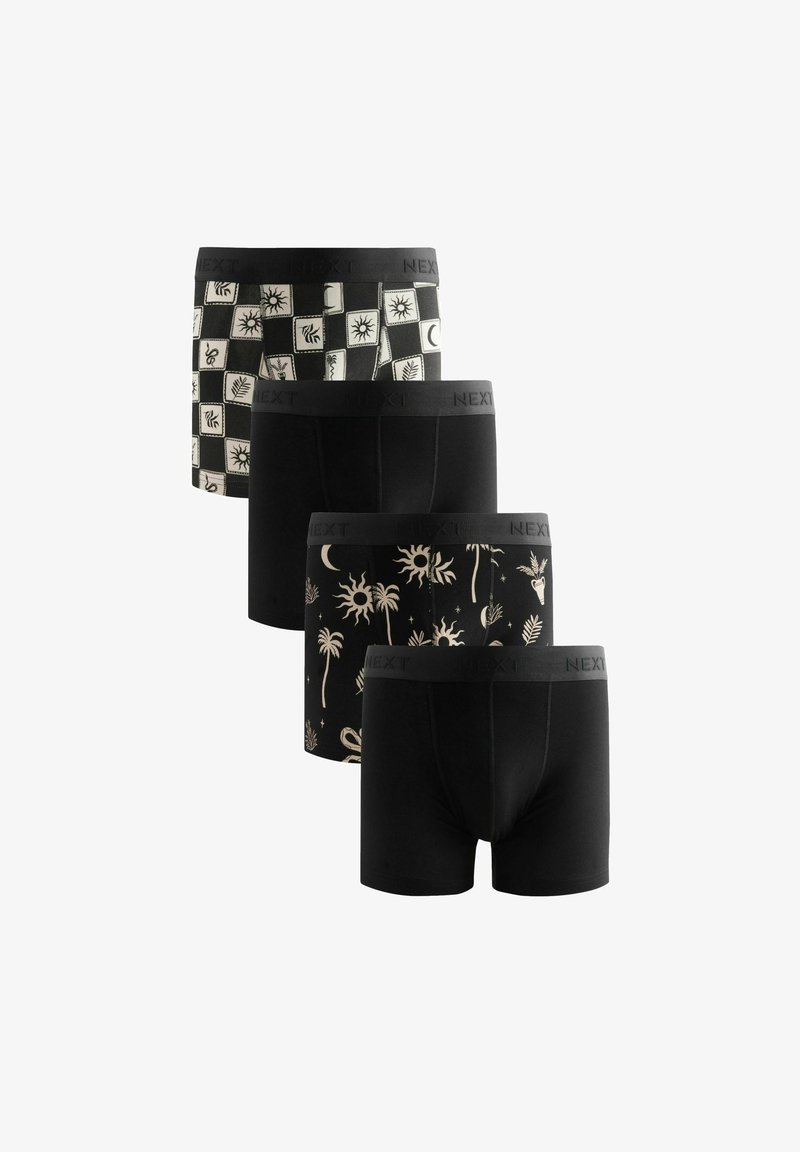 Vier paar herenboxershorts: zwart met een palmbomen- en zonnenpatroon, zwart met kleine prints en geheel zwart, met elastische taillebanden.