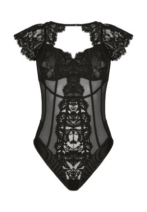 Body en dentelle noire avec panneaux transparents, motifs floraux, manches courtes en dentelle et coutures structurées pour la forme.