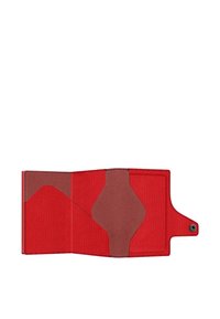 Red wallet with textured exterior and smooth leather accents. Features a folding design with a snap closure and interior card slots.