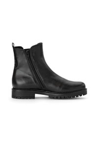 Bottine en cuir noir avec fermeture éclair sur le côté, tirette à l'arrière, petit talon empilé et semelle en caoutchouc crantée.