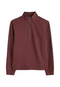 Pullover lungo a maniche con collo alto e mezza cerniera davanti, polsini e orlo a costine, design semplice.
