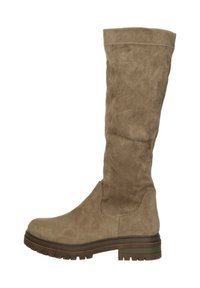 Kniehoge, taupe suede laarzen met een ronde neuzen en een gestructureerde bovenkant. Voorzien van een dikke, gegroefde rubberen zool voor grip.