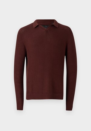 Brun struktureret striktrøje med krave, med en v-hals design, lange ærmer og ribbede manchetter og kant.