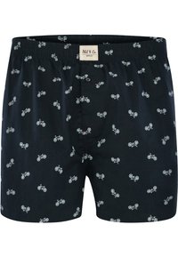 Zwarte boxershorts met een herhalend wit fiets patroon. Voorzien van een elastische tailleband en een enkele knoopgulp. Gemaakt van zachte stof.