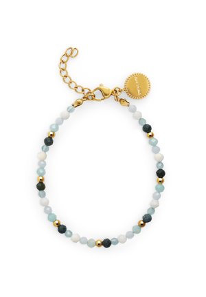 Perlearmbånd med aqua, hvide og sorte slebne glasperler, accentueret med guldfarvede perler og en guldlås.