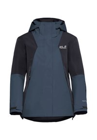 Marineblauer und dunkelgrauer wasserdichter Anorak mit hohem Kragen, verstellbare Kapuze und Reißverschlusstaschen. Ausgestattet mit strukturiertem Stoff und Markenlogo.