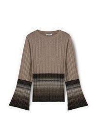 Maglione a coste di colore marrone metallico con maniche a campana. Presenta un design a gradiente che va dal chiaro allo scuro, passando dal beige al nero.
