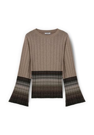 Maglione a coste di colore marrone metallico con maniche a campana. Presenta un design a gradiente che va dal chiaro allo scuro, passando dal beige al nero.