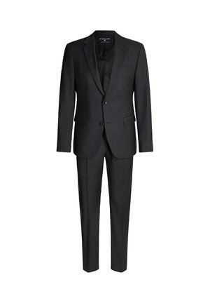 Schwarzer Anzug mit einem dezenten Karomuster, bestehend aus einem Zweiknopf-Blazer und gerade geschnittenen Hosen, gefertigt aus glattem Stoff mit strukturiertem Design.