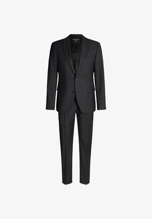 Schwarzer Anzug mit einem dezenten Karomuster, bestehend aus einem Zweiknopf-Blazer und gerade geschnittenen Hosen, gefertigt aus glattem Stoff mit strukturiertem Design.